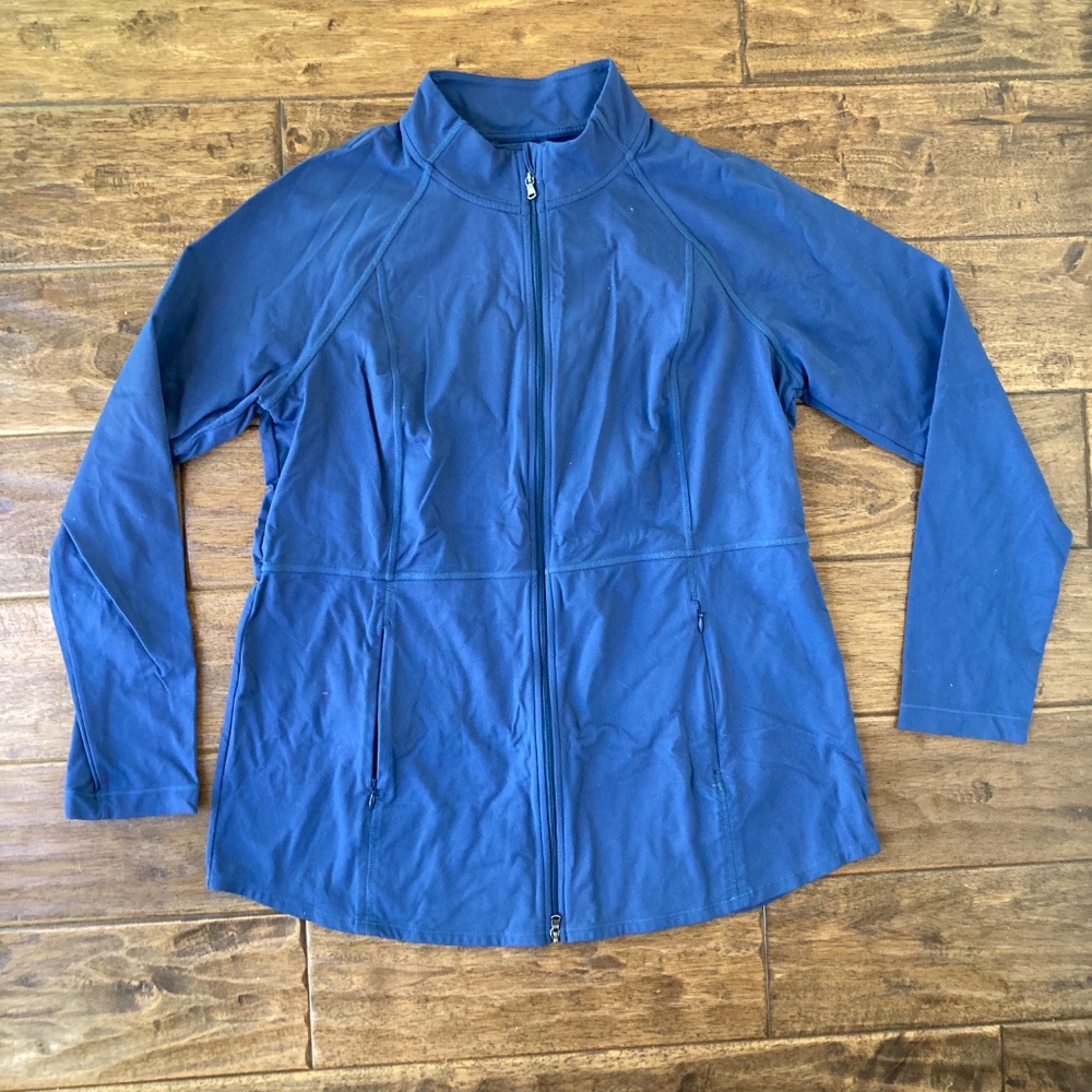 J.Jill Fit Medium Out & About Shirttail Jacket Navy Blue Zip Front Zip Pockets